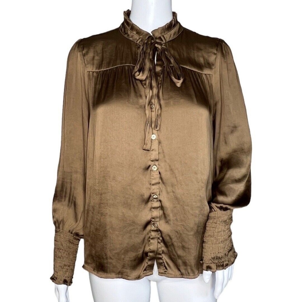 Current Air Blouse Size S Bronze Tie Neck Smocked Cuffs Boho Romantic Womens Top